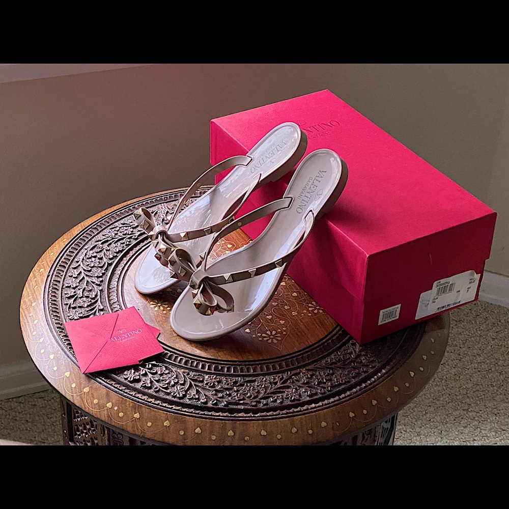 Valentino Garavani Beige Rockstud PVC Flat Thong Sandal